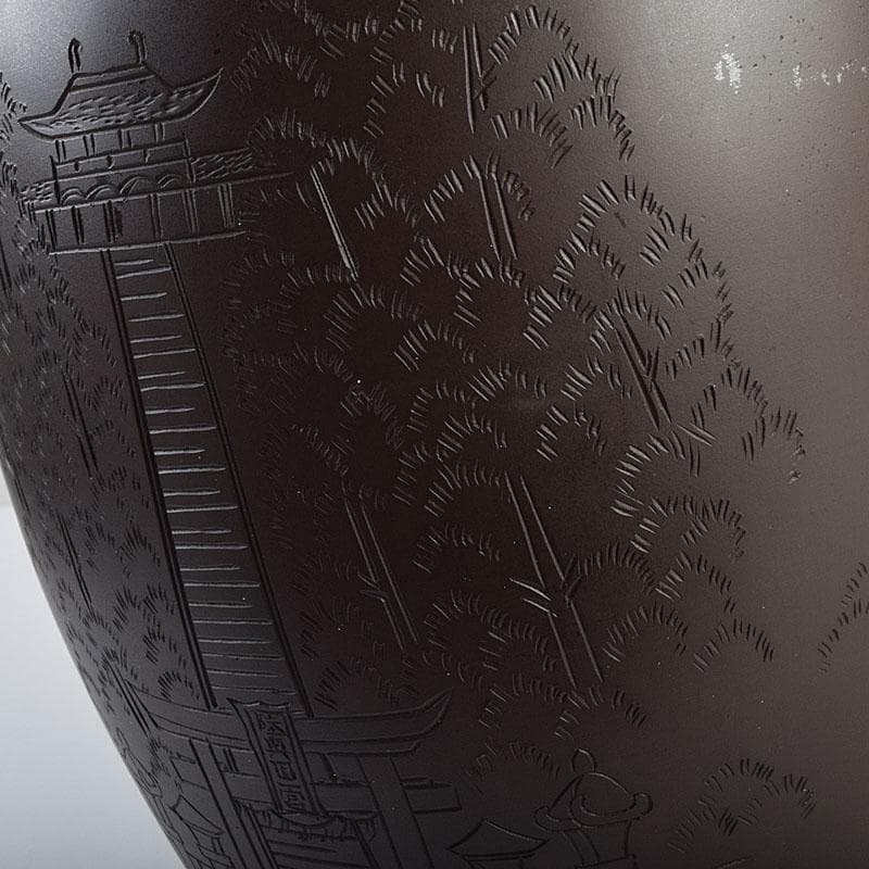 般若勘渓造　鋳銅　昌龍刻　志波彦神社・鹽竈神社絵　花瓶　共箱　N　R9397H