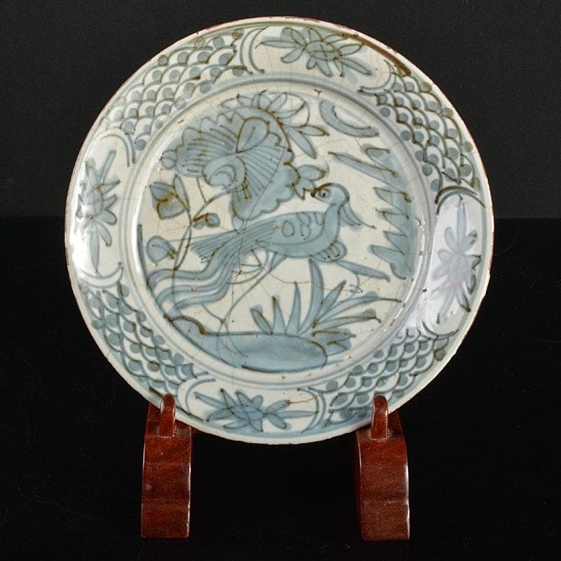 中国　古染付　青花芙蓉手　花鳥文盤　皿　C　R6823