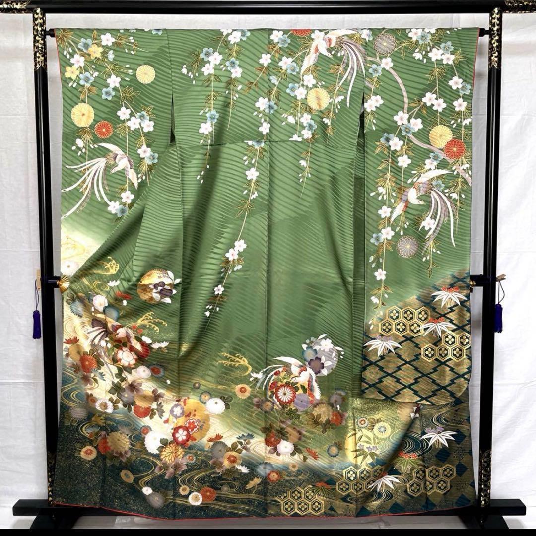 振袖　鳳凰梅　金駒刺繍　枝垂れ桜菊金彩　グリーン　正絹着物