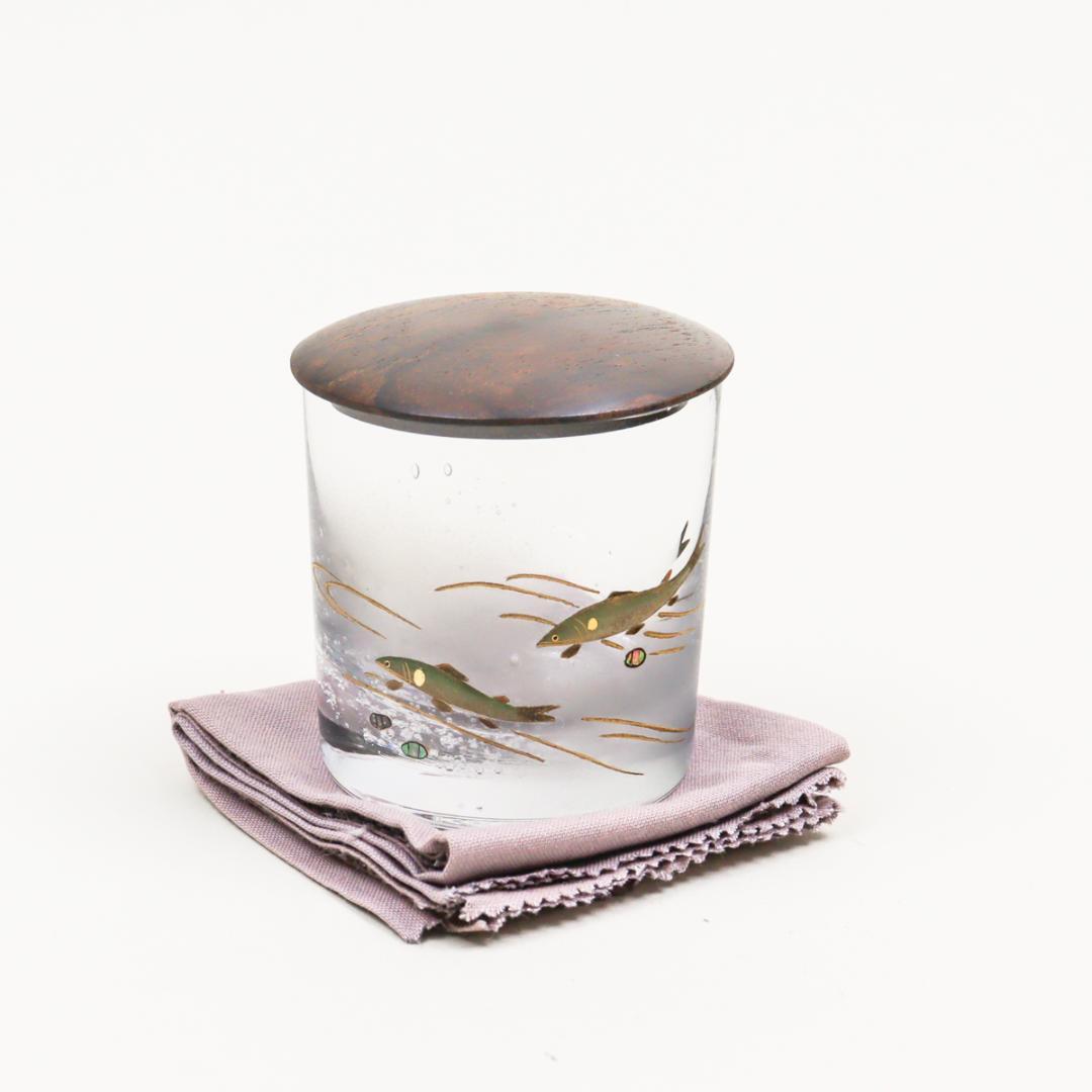 蓑輪一星 黒柿蓋 鮎蒔絵 硝子茶器 茶入れ 抹茶 共箱