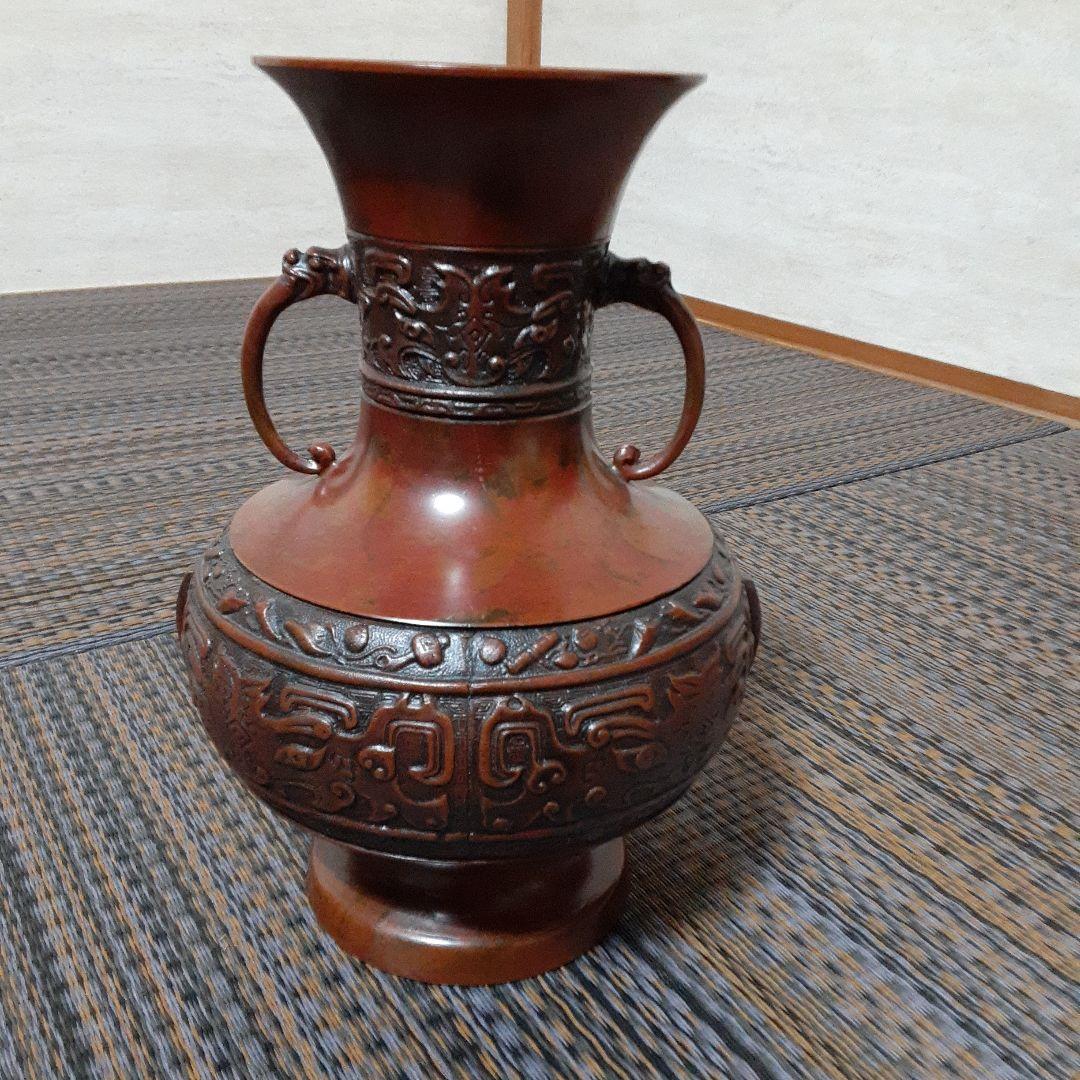 古い耳付高岡天龍銅器花瓶/茶華道活花飾/伝統工芸鋳物饕餮文様/吉祥赤銅龍泉堂在銘