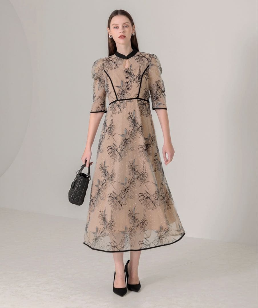 Leja 配色パイピングプチハイネック花柄刺繍ラメレースロング丈ドレスワンピース