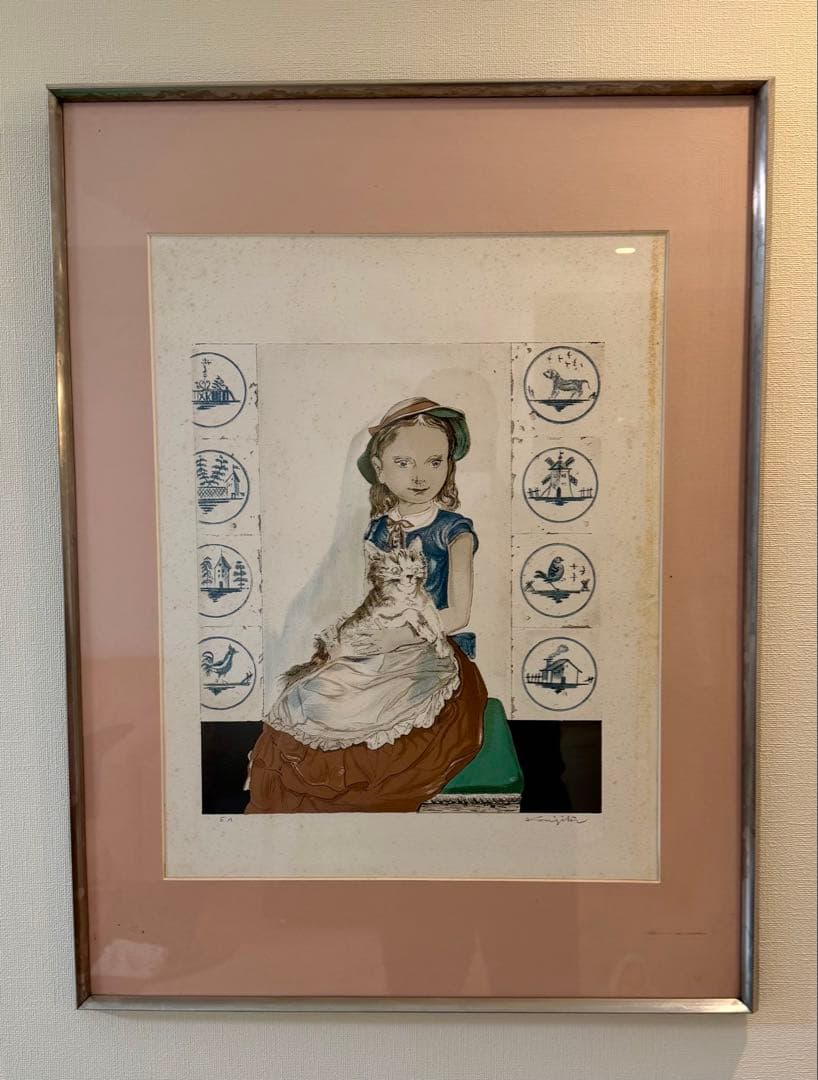 藤田嗣治Tsuguharu Foujita 猫を抱く少女 版画 額装#202-1