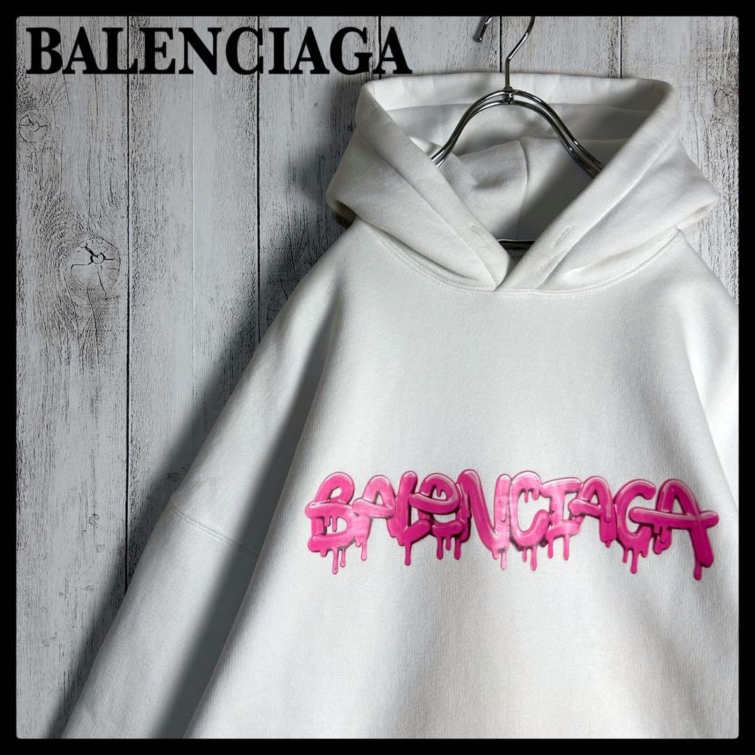 6055【人気デザイン】バレンシアガ‪☆ペンキロゴ入りパーカー 22SS ピンク