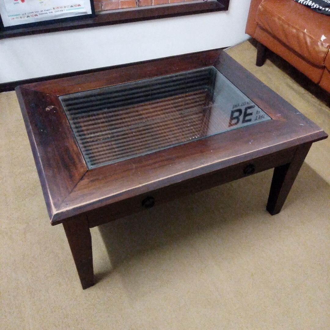 木製ガラス天板引き出し付き四角テーブル