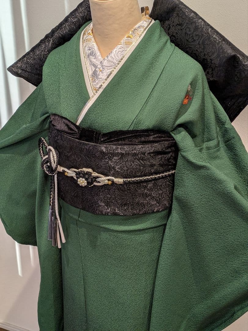 振袖フルセット 身丈165裄69.5 色無地 緑 三つ紋 逸品