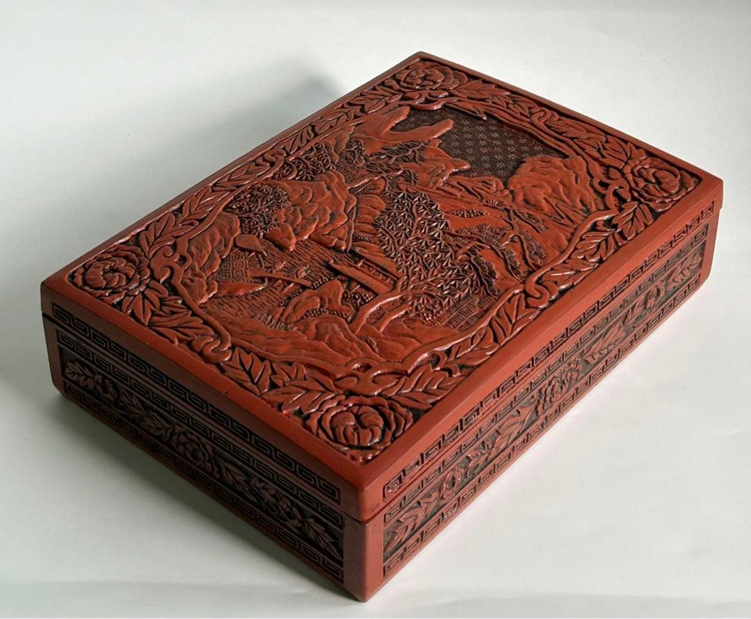 堆朱 楼閣山水図 硯箱 文箱 書道具 文房具