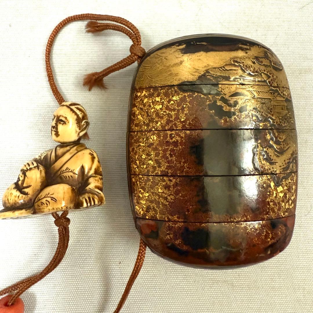 時代物　蒔絵印籠　根付