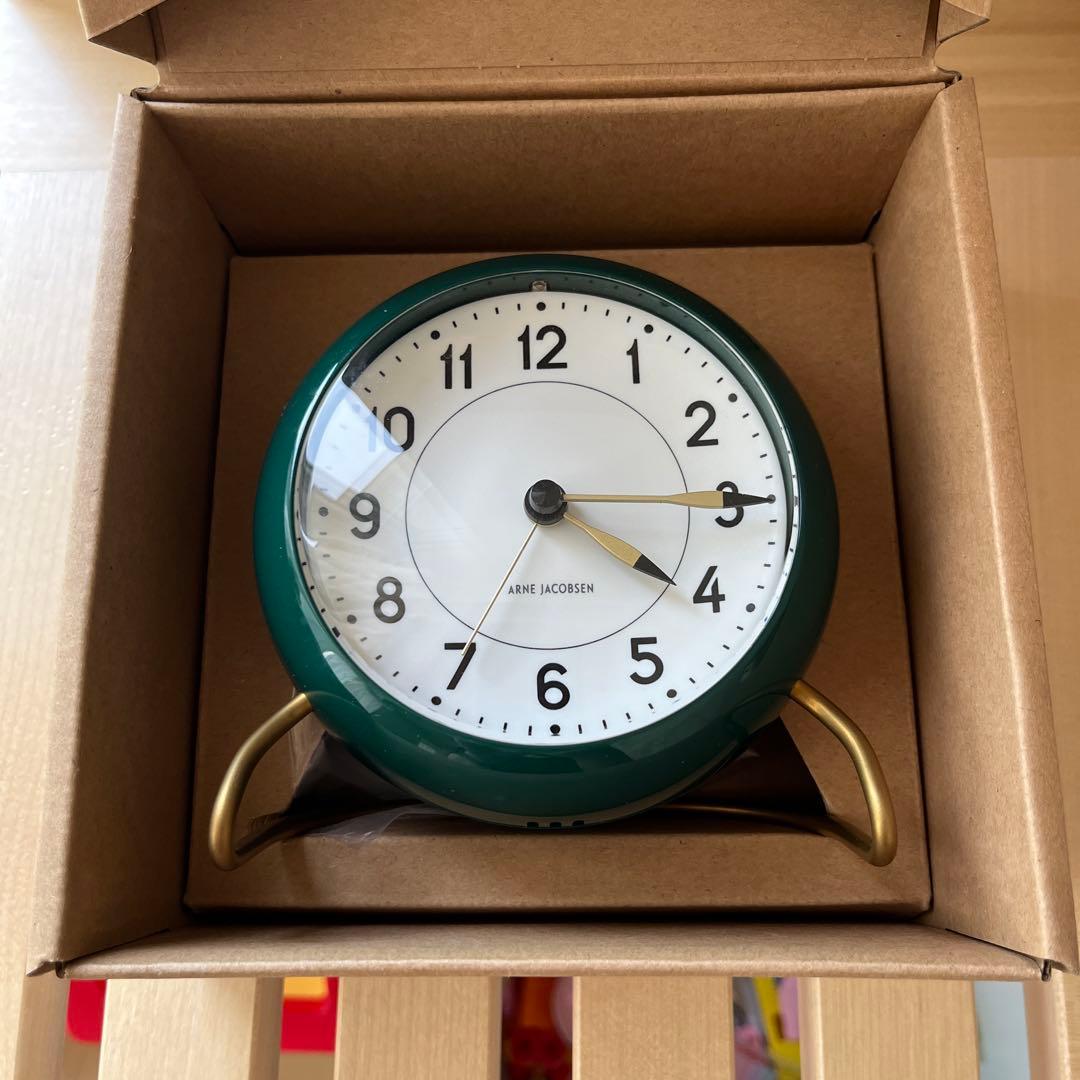（美品）アルネヤコブセン　テーブルクロック　グリーン　無印　ブリキ缶2個