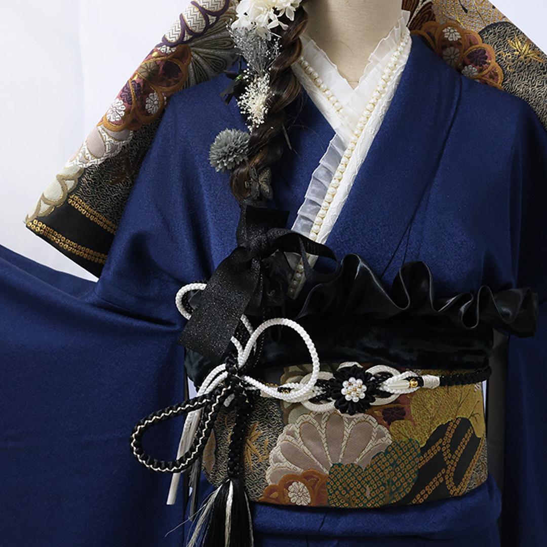 蝶柄◆166cm振袖7点セット ◆フルセットネイビー系成人式紺色前撮りSf04
