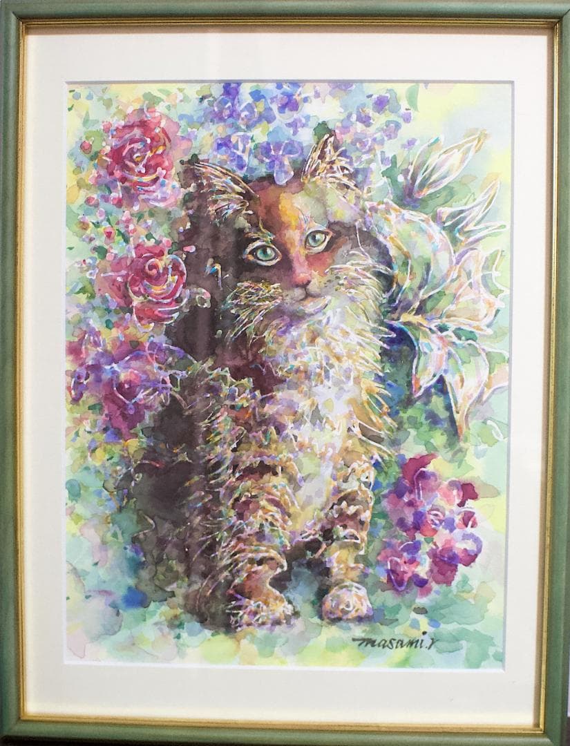 水彩画 原画 額付き「花の香り」F4 猫の絵
