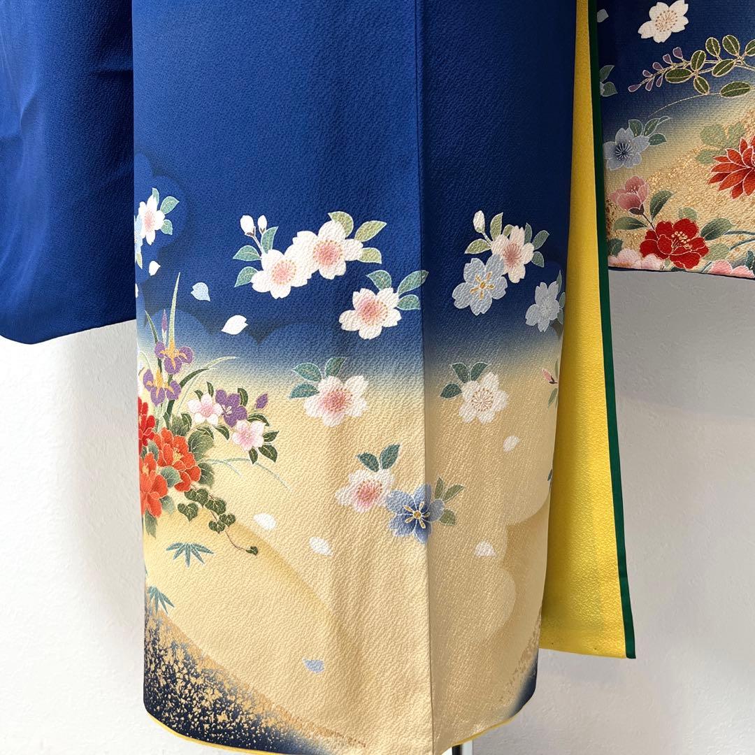 439 振袖フルセット 正絹 顔 紺 ブルー 金彩 暈し染め シンプル 花車文