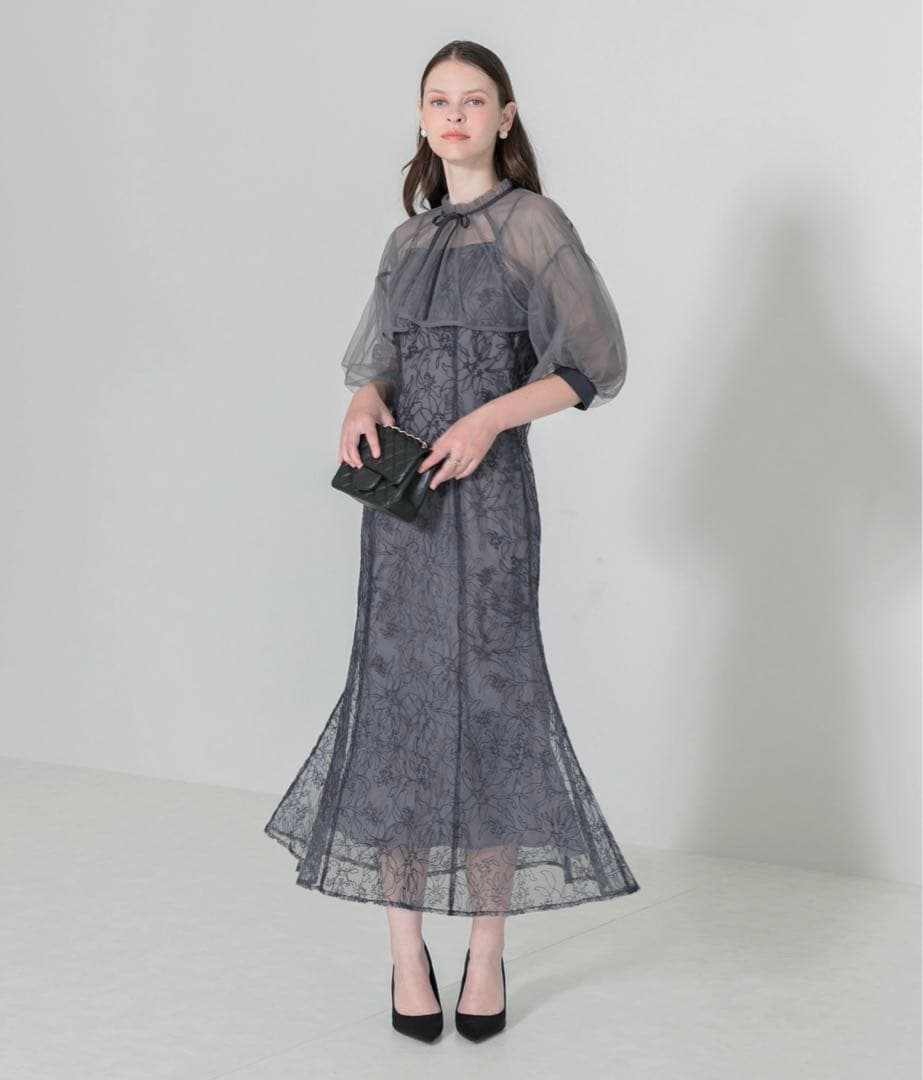 Leja マーメイドシルエットキャミワンピースリボン付きシアーパフスリーブ　S