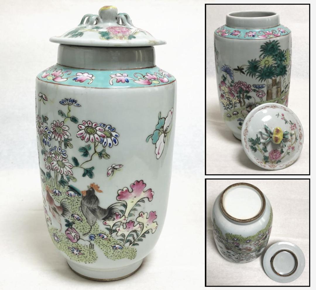 民国 色絵染付 鶏花蝶図色絵蓋物 伝世品焼物 無傷完品 ウブ品 WWTT045