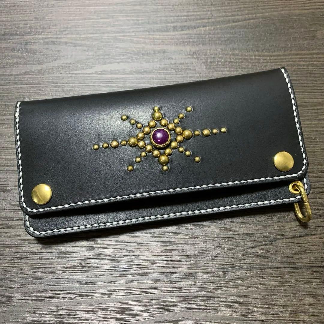 トラッカーウォレット　ロング　ヌメ革　スタッズ　レザークラフト