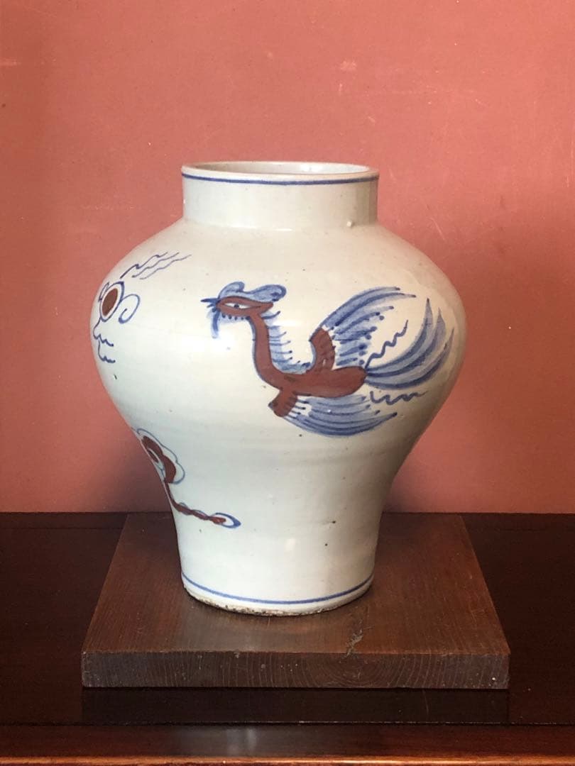 類品の少ない李朝辰砂染付鳳凰文大壷