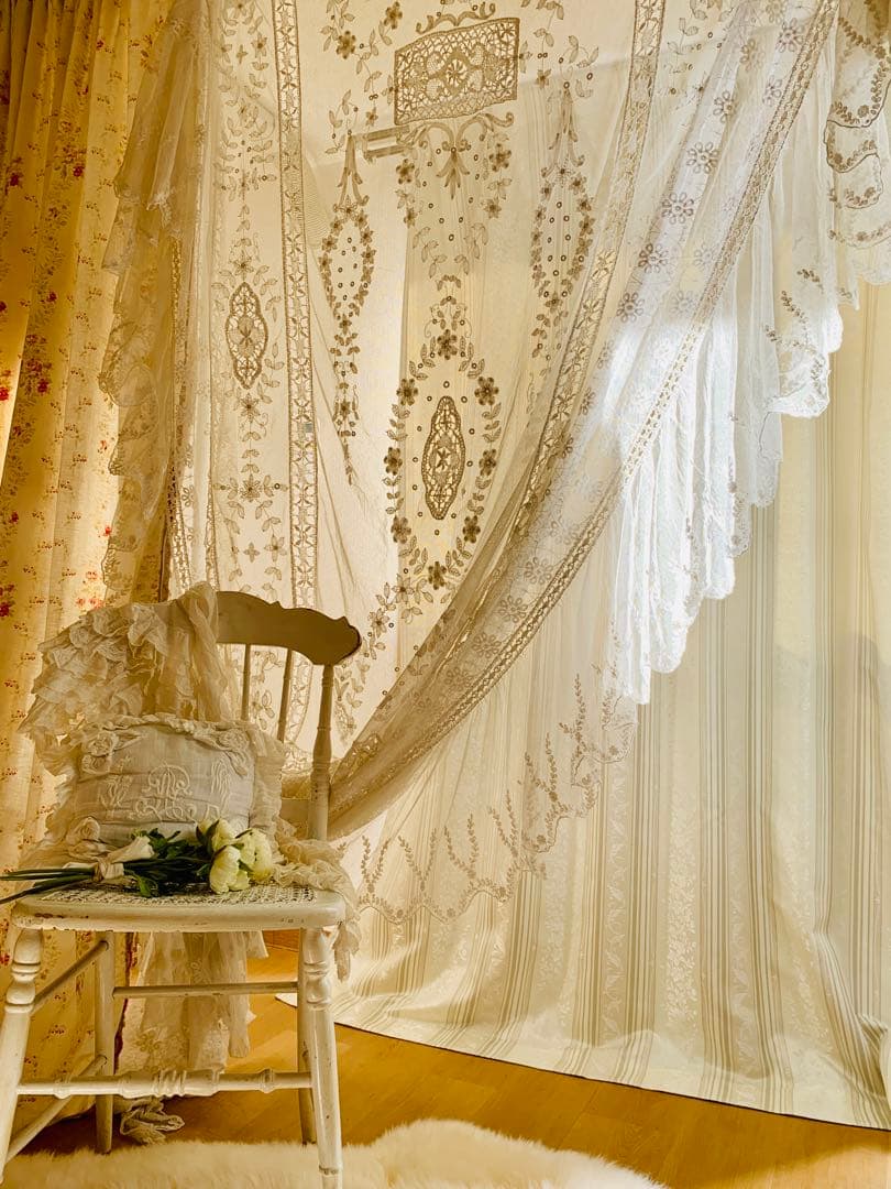 フランスアンティークフローラル刺繍チュールレースデュべカバー古色ホワイトカーテン