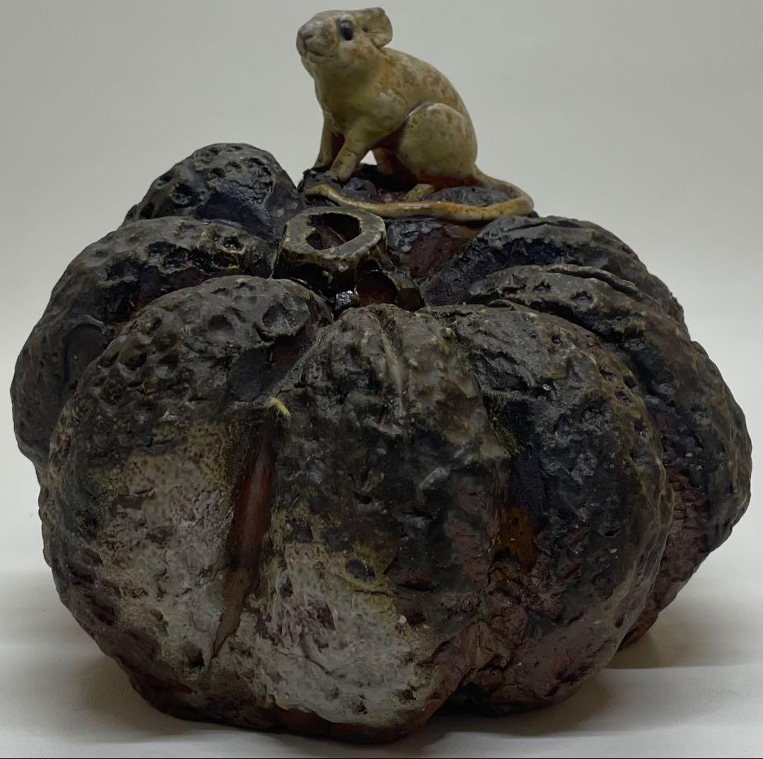 木村玉舟　備前焼　白備前南瓜　鼠　細工物　 共箱　 　　　k2331