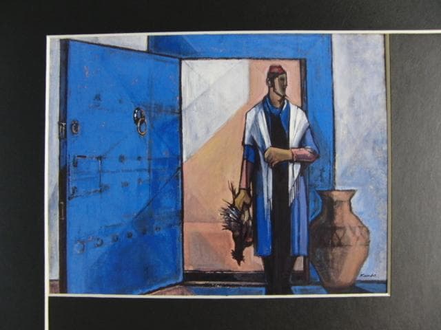 神戸文子「青い扉」、希少画集画、状態良好、新品高級額装付