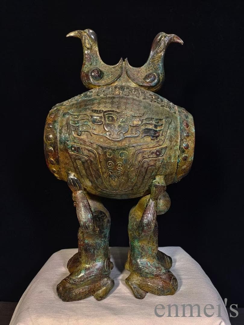 中国古美術 漢代 青銅器 跪人双鳥鼓 古代楽器 打楽器 禮楽器 青銅美術 骨董品