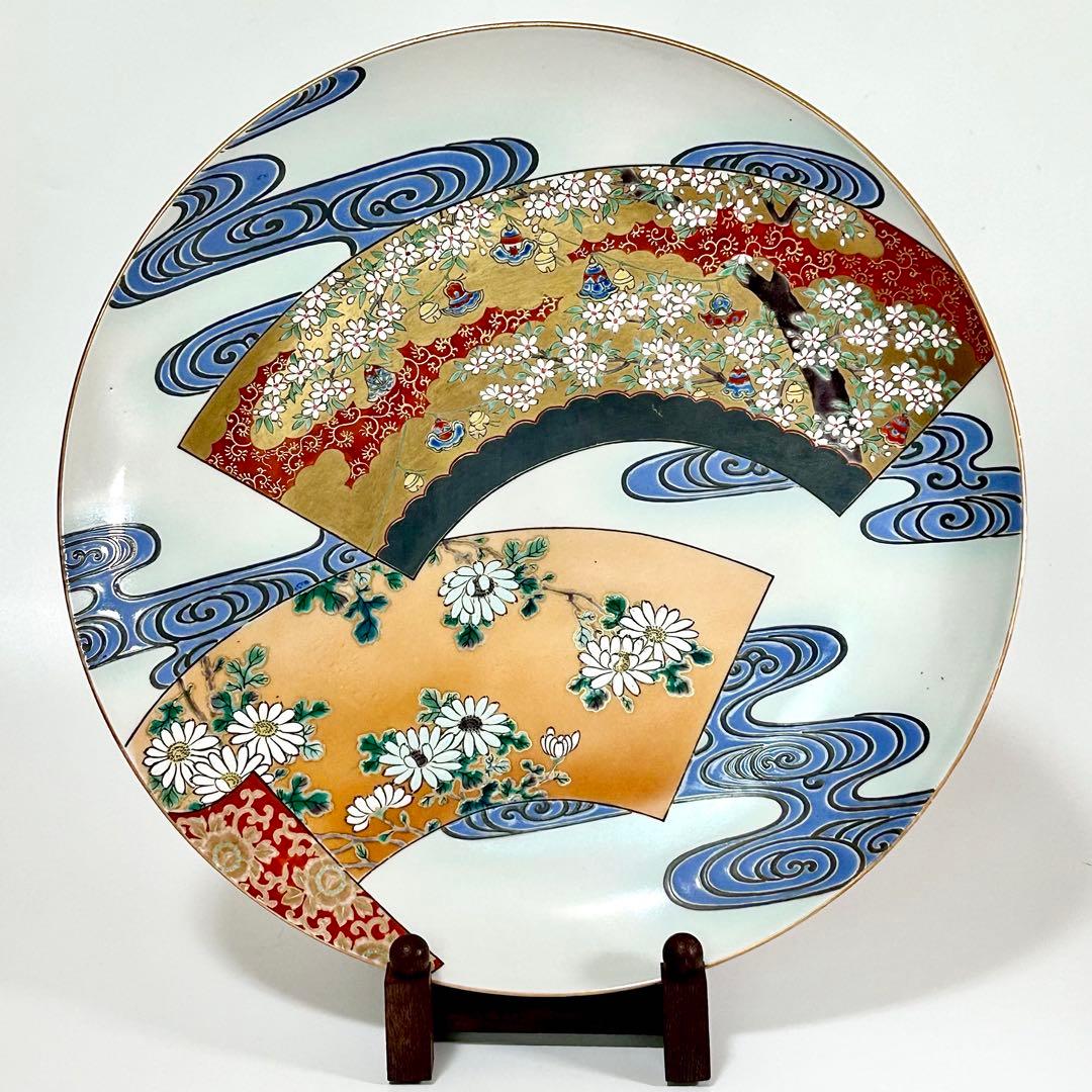 稀少 明治九谷の第一人者 松本佐平 松雲堂 五彩手流水草花文大皿 九谷焼