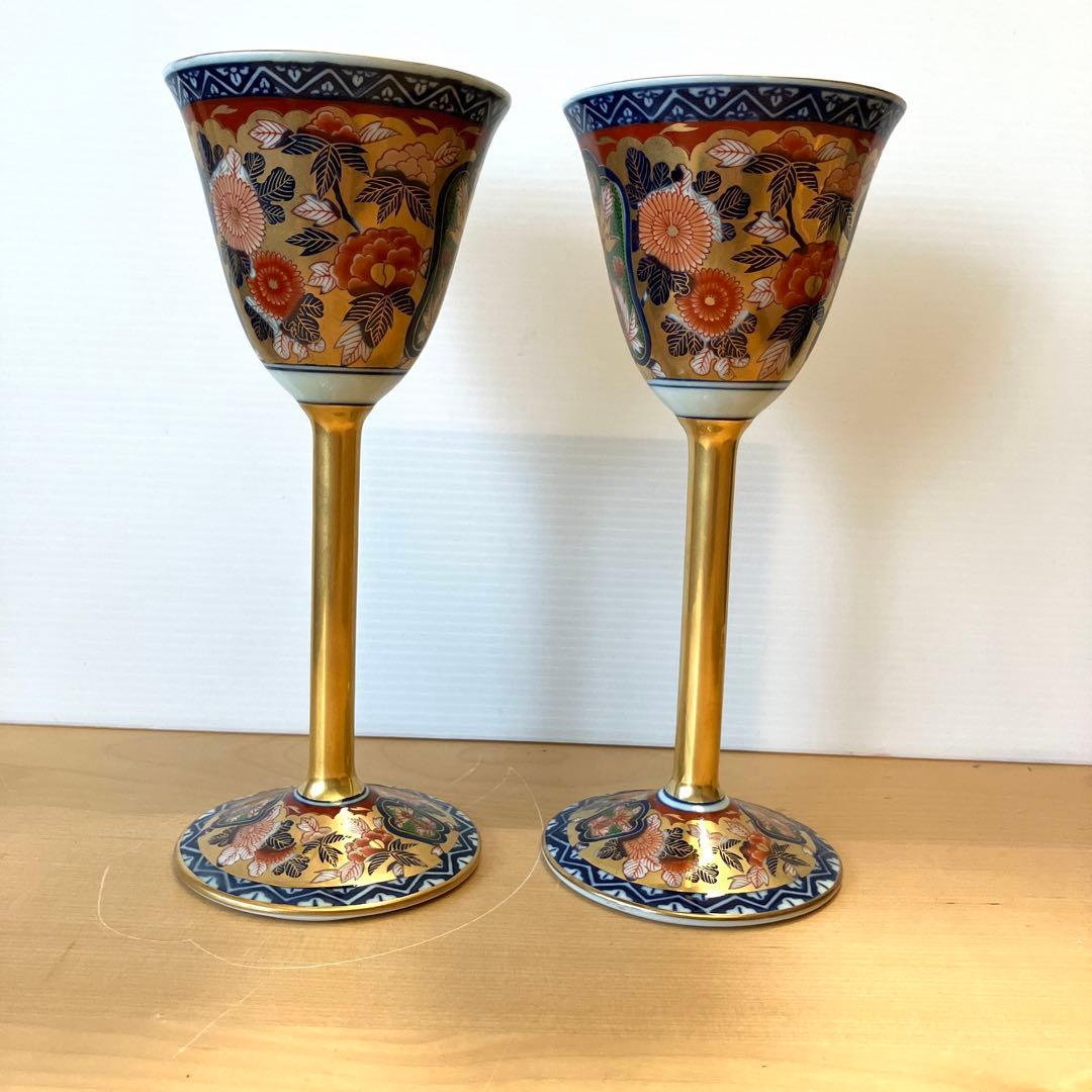 其泉作　極錦金彩古伊万里　日肥 其泉作　昭和年製　ペアワインカップ　元箱