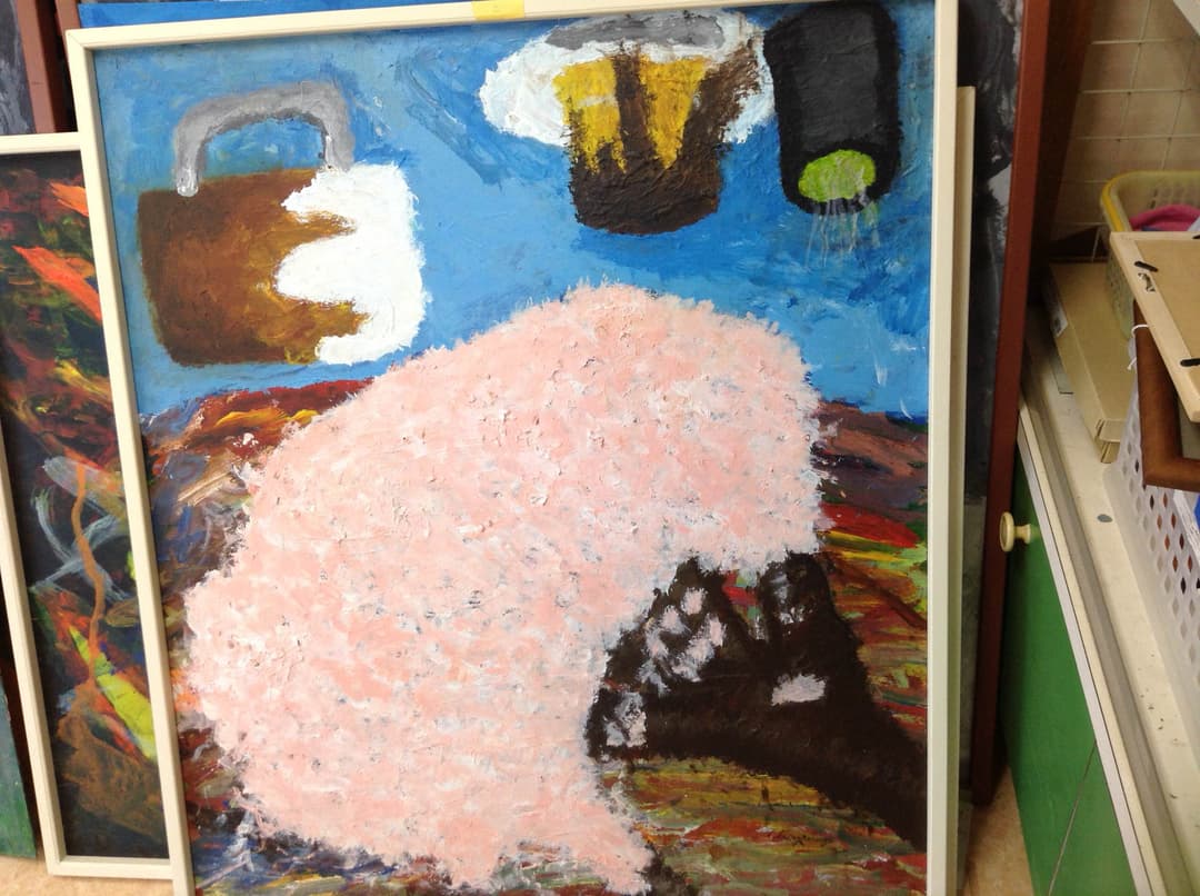 題名は「お花見」です。サイズ94cm×83cm、額は付いています