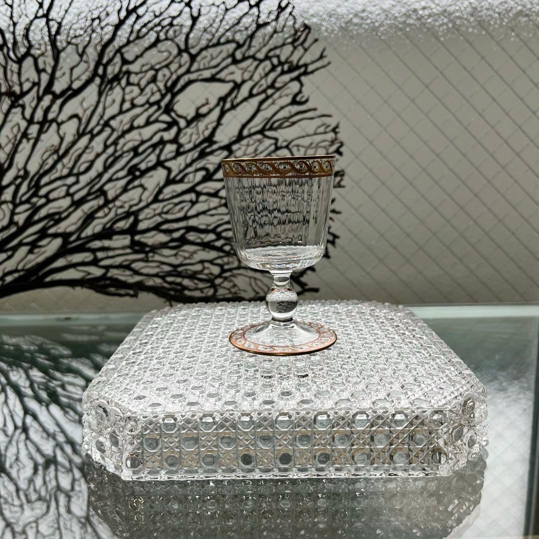 骨董　時代ガラス　モールガラス　金彩　エナメル彩　薄張り　筒型　脚付グラス　盃