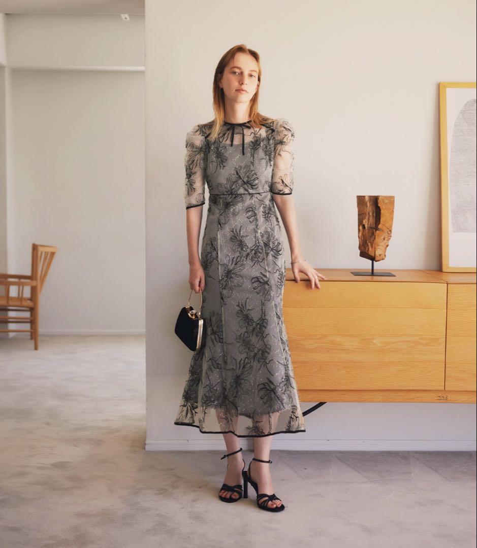 花柄リボンパフスリーブマーメイドワンピースドレス結婚式パーティー成人式二次会