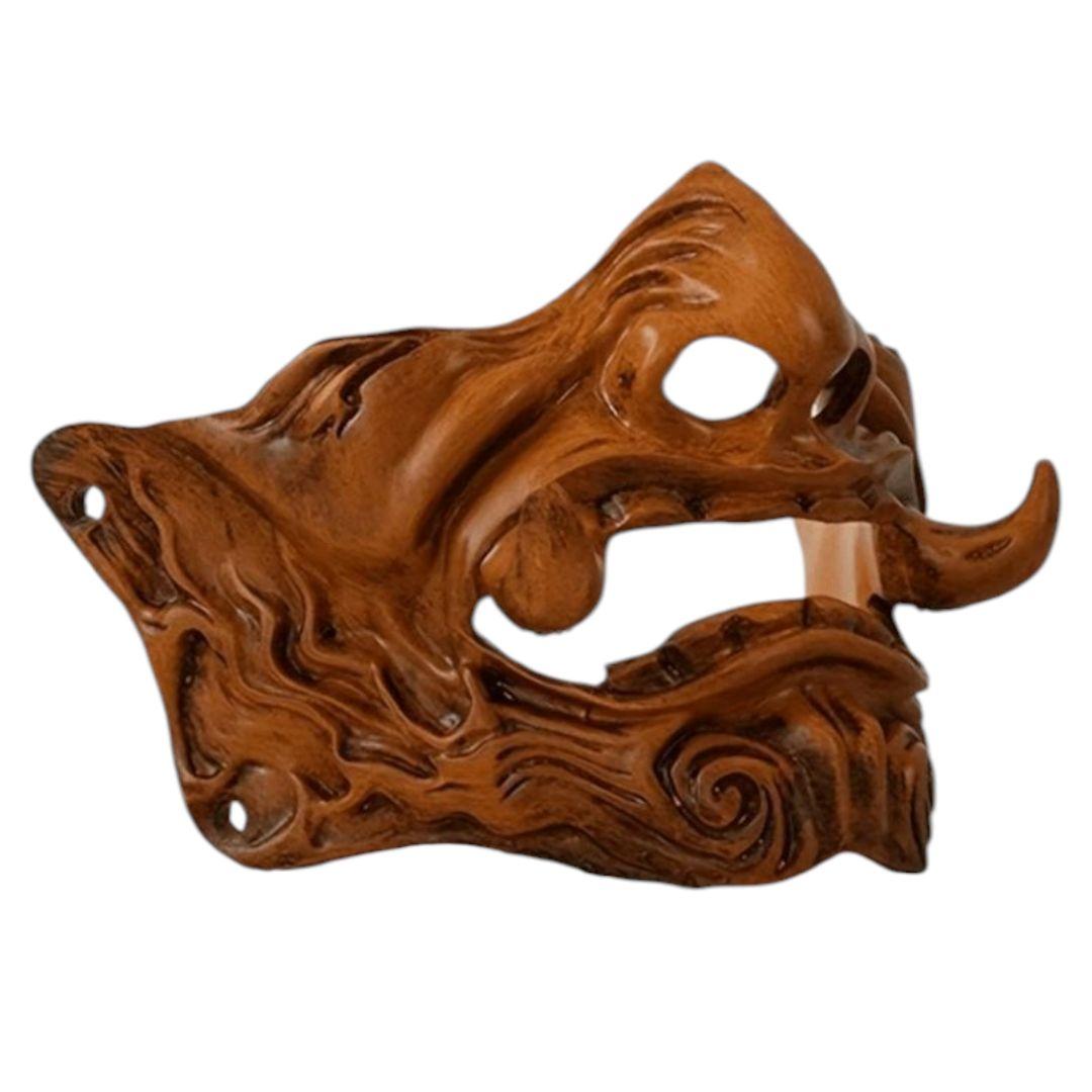 般若の半顔のお面木目風塗装怒った顔の面ハロウィン仮装コスプレ撮影パーティー狛犬