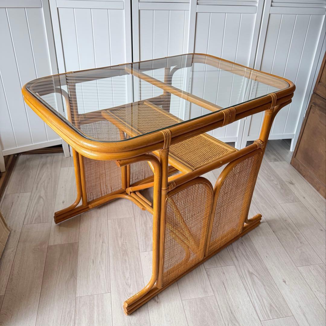 ラタン ガラステーブル 籐 ダイニングテーブル レトロ ビンテージ