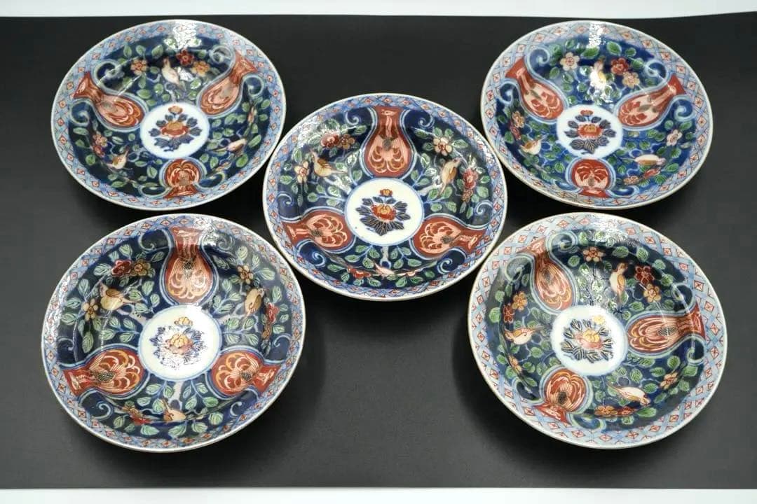 古伊万里　里帰り　元禄享保染錦皿　五客　磁貫アリ