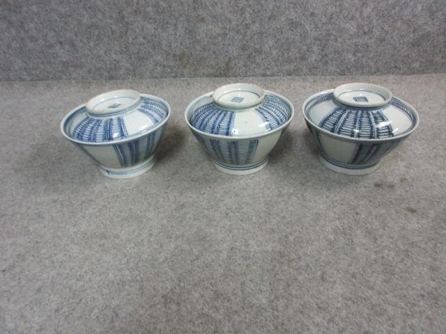 古伊万里 染付 蓋茶碗 3個 [B22848] 算木文 アンティーク 古美術