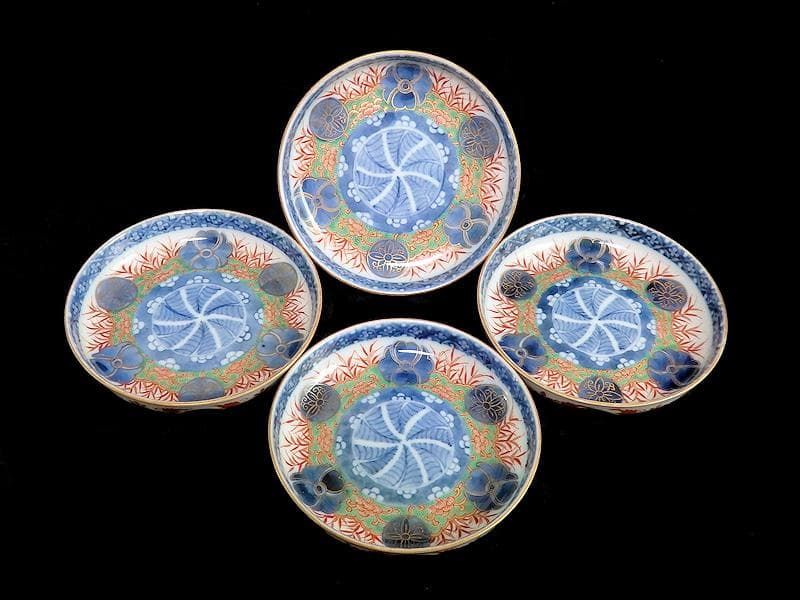 大聖寺古伊万里　金襴手　丸紋に笹の図　４寸皿　４枚　094AS-CAn