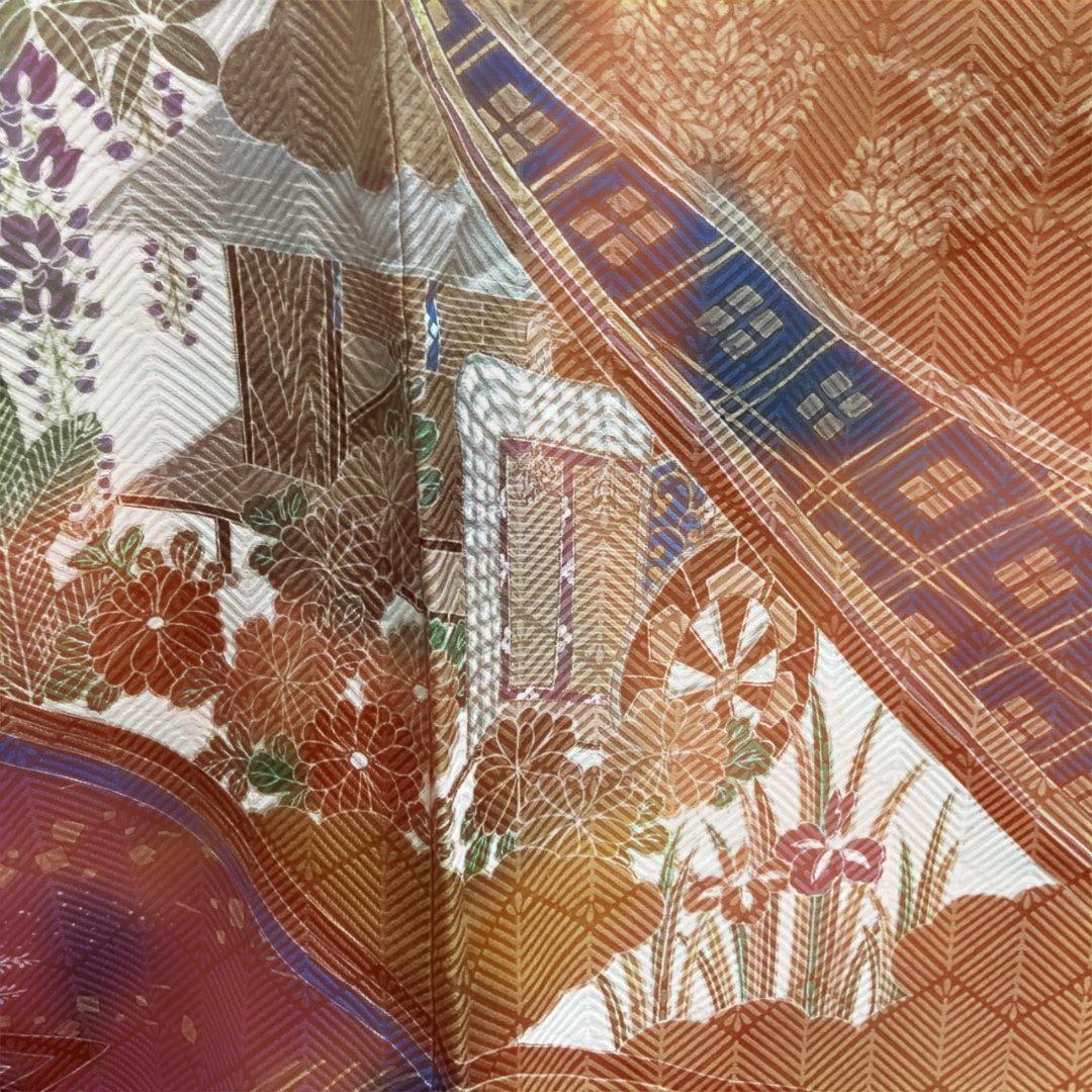 A 振袖　袷　正絹　黒地　お姫様　御所車　菊　菖蒲　着物　和装　和物　成人式