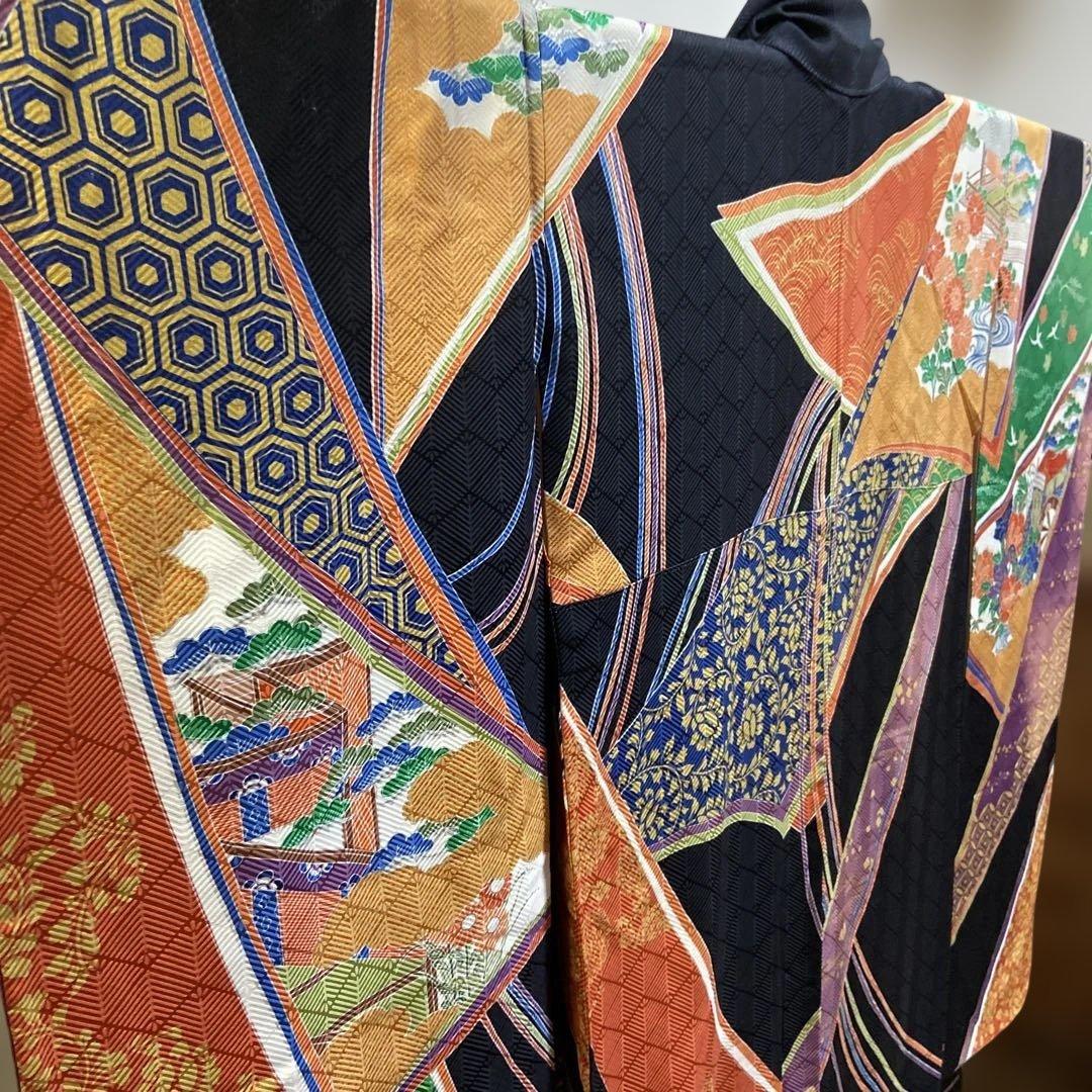 A 振袖　袷　正絹　黒地　お姫様　御所車　菊　菖蒲　着物　和装　和物　成人式