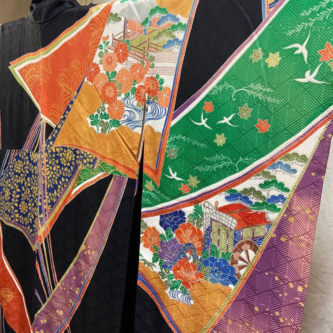 A 振袖　袷　正絹　黒地　お姫様　御所車　菊　菖蒲　着物　和装　和物　成人式