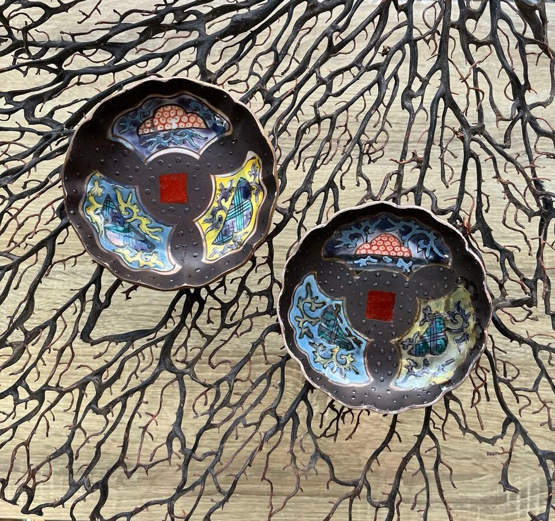 骨董　中国　古陶　清朝　粉彩　十錦手　希少　暗色色絵　波縁　豆皿　小皿　２客