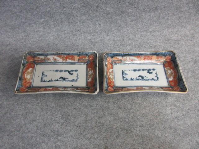 古伊万里富貴長春金彩染錦長皿2枚 [B26478]