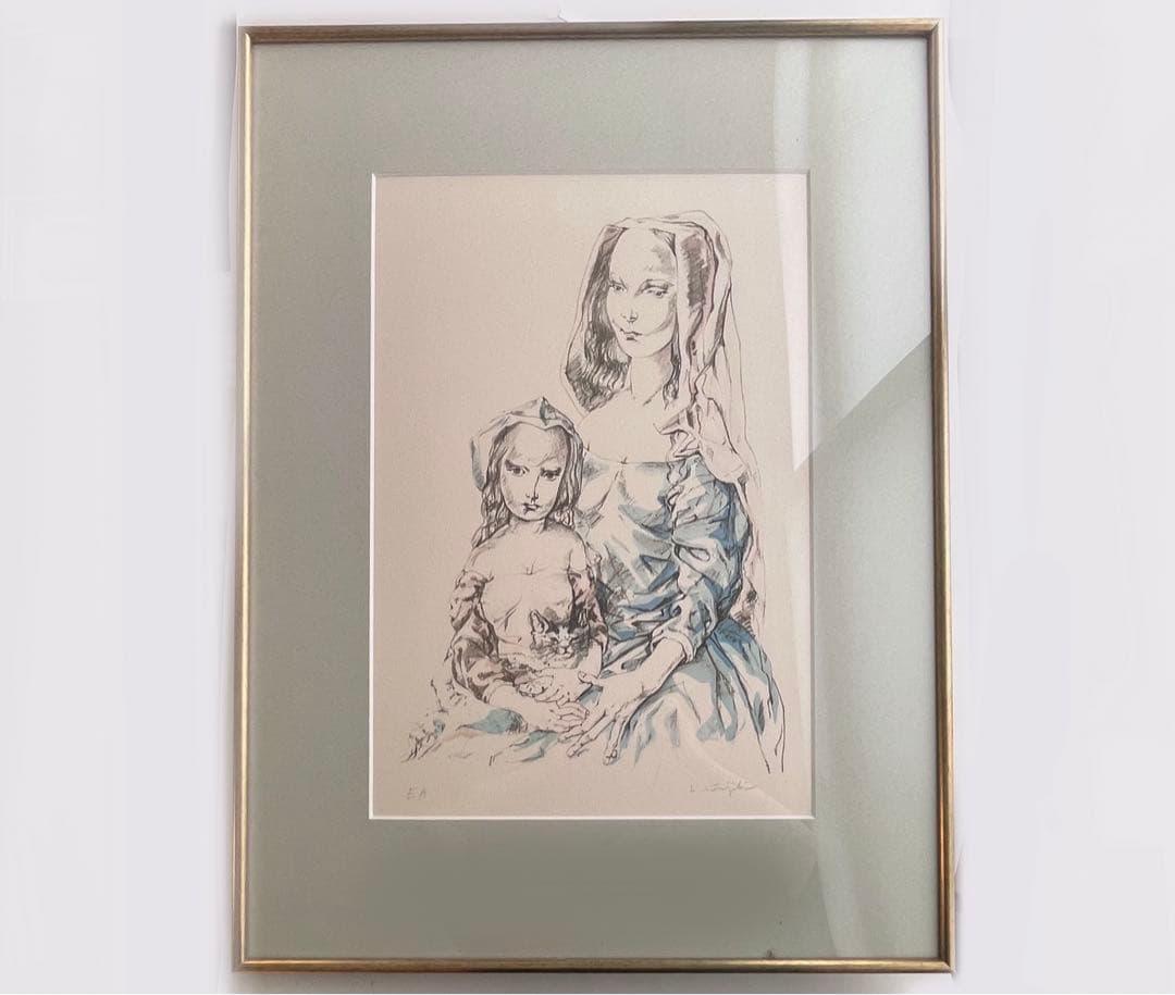 藤田嗣治　レオナール・フジタ　母子像　女性と子供　猫を抱く母子像　リトグラフ