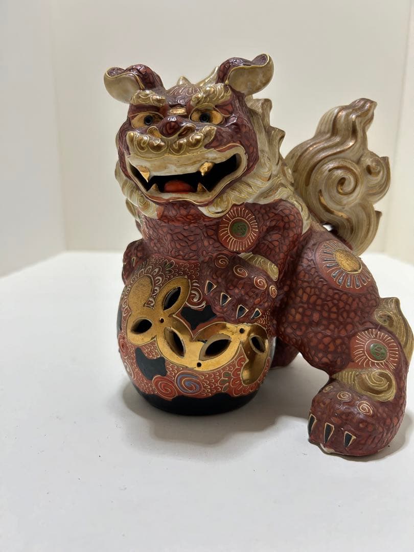 九谷焼 獅子 盛 6.5号 赤絵 金彩 置物 風水 幸運 九谷焼