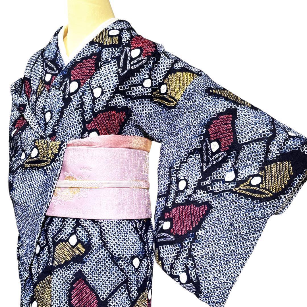 A84夏着物　浴衣　有松鳴海絞り 高級浴衣 花 綿　美品