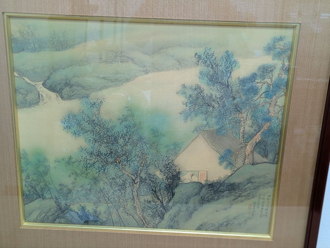 【真　作】松林桂月、『緑 陰 閑 居 図』、絹本彩色、自題共箱、落款、印有