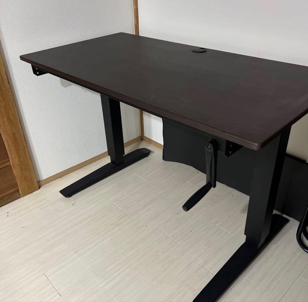 昇降デスク ニトリ 手動ダークブラウン木製パソコンデスク