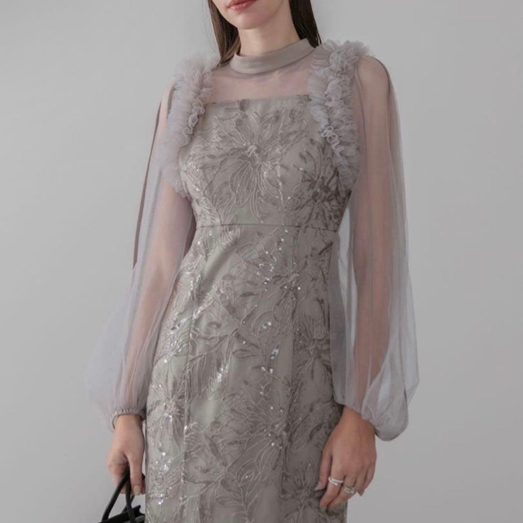 【Leja】フラワースパンコールチュールフリルロングスリーブマーメイドワンピース