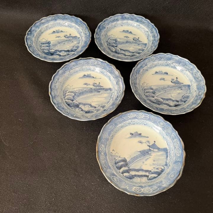 古伊万里　染付　山水文　輪花小皿　5枚