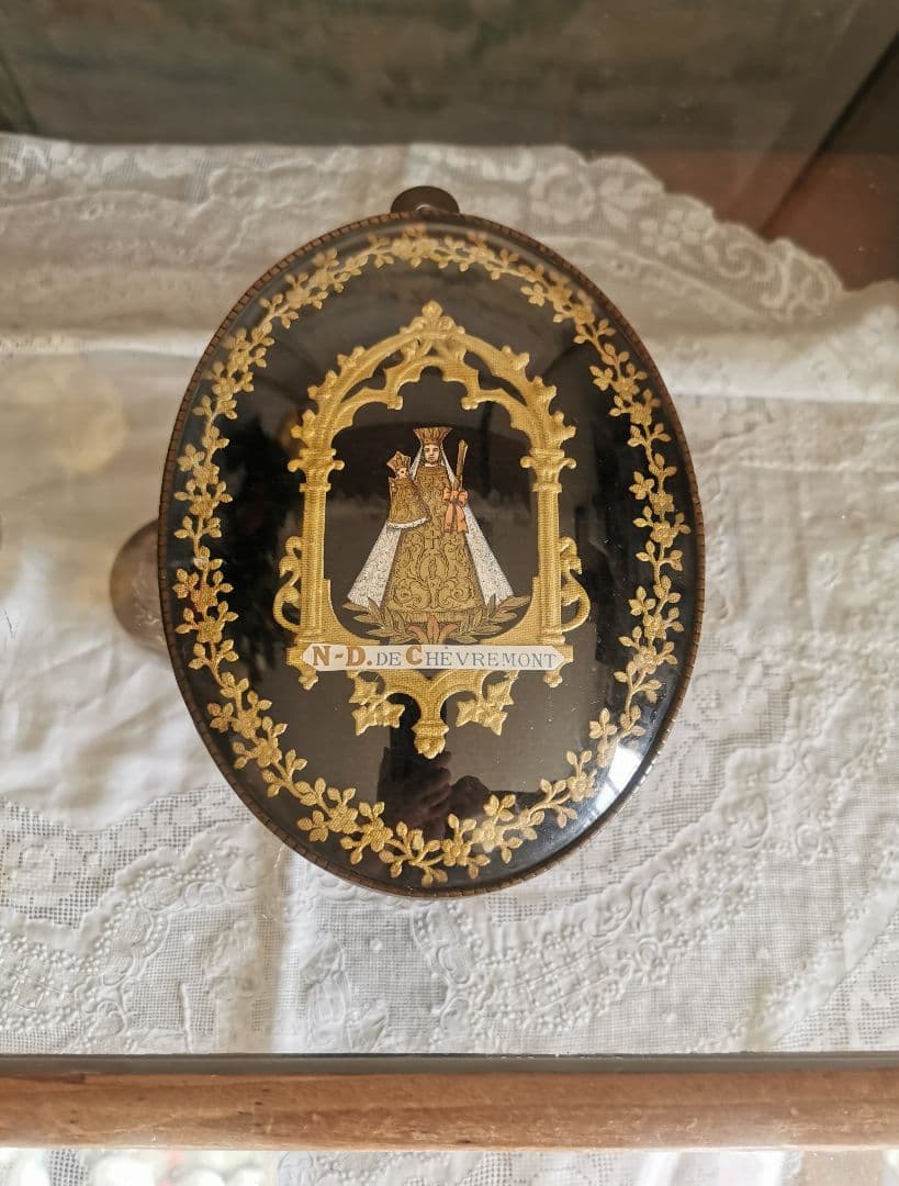 アンティークベルギー 聖母子の紙肖像イコン ボンベガラスドーム マリア イエス