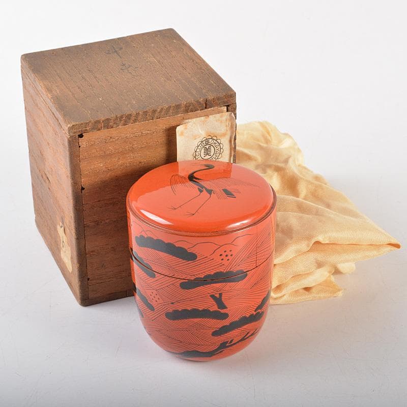 茶道具　塗師　中村宗哲作　朱塗　鶴松文　中棗　時代箱付　V　6508