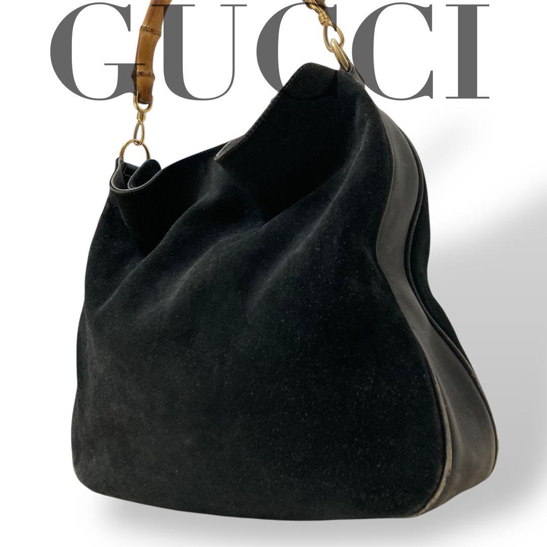 【ヴィンテージ】グッチ　バンブー　ワンショルダーバッグ　スウェード　黒　肩掛け