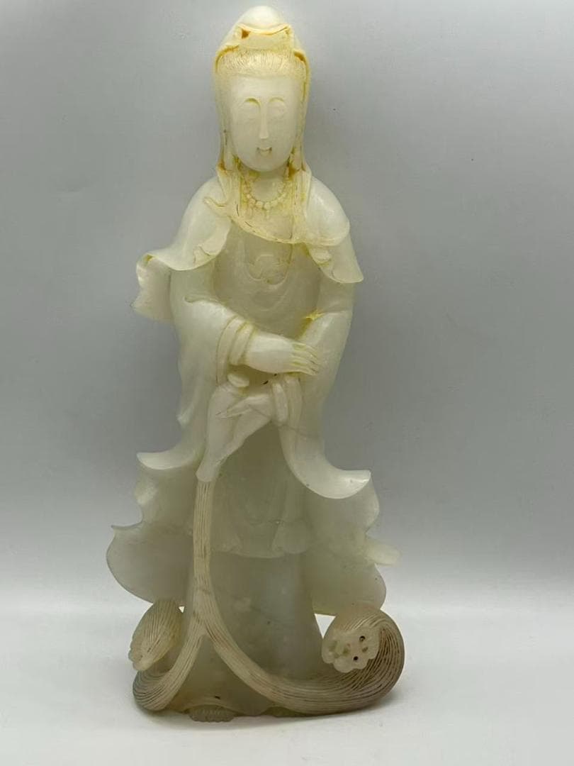 清乾隆時代 和田白玉観音　白和田玉彫り　仏教用品　仏像　唐物(A-96)